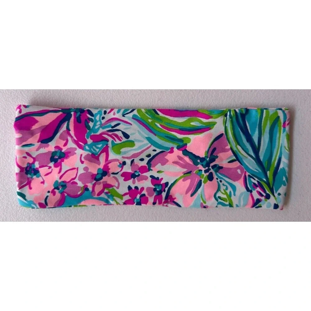 Lilly Pulitzer Chilly Lilly Headband Pink Blue Floral Button Gym Beach Yoga Chic